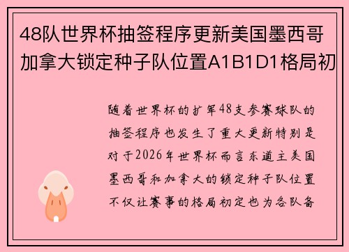 48队世界杯抽签程序更新美国墨西哥加拿大锁定种子队位置A1B1D1格局初定