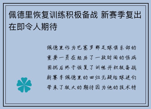 佩德里恢复训练积极备战 新赛季复出在即令人期待 佩德里恢复训练积极备战 新赛季复出在即令人期待